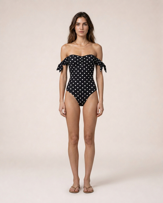 Bellaria One Piece front view black polka dot one-piece swimsuit
