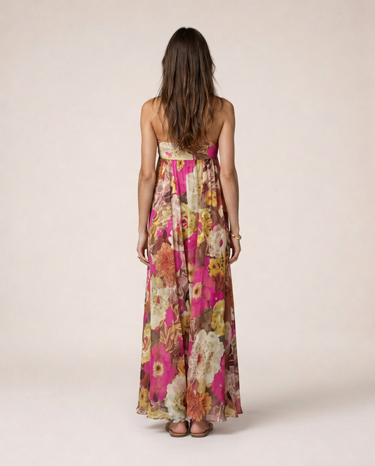 Bougainvillea Maxi Dress back view featuring a vibrant floral print in pink and coral tones, strapless neckline and flowing full-length silhouette