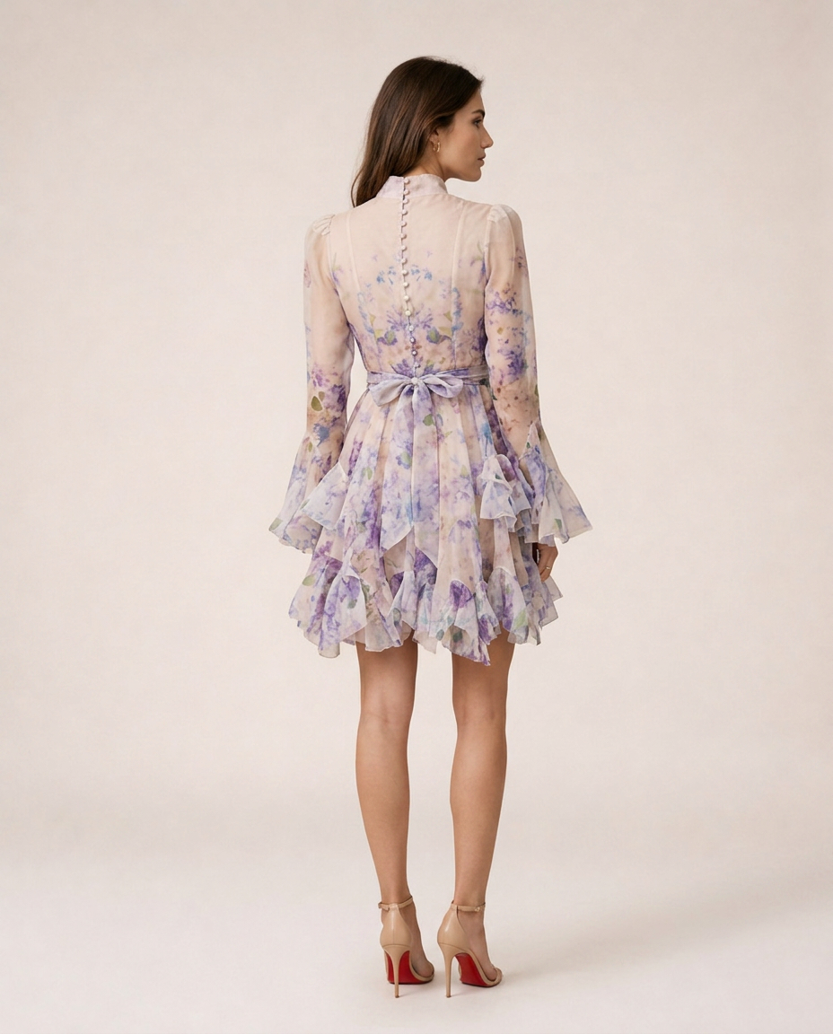 Dalia Mini Dress back view featuring a floral chiffon design, button-back high neckline, detachable waist belt, cascading ruffle skirt and elegant long sleeves in soft pastel tones