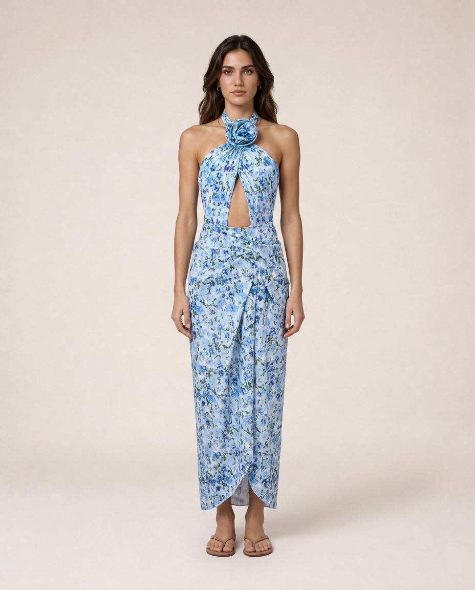 Riviera floral one piece set front view luxury mediterranean resortwear with wrap skirt