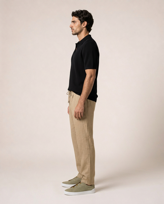 Roma Cotton Knit Polo side view white textured cotton polo shirt