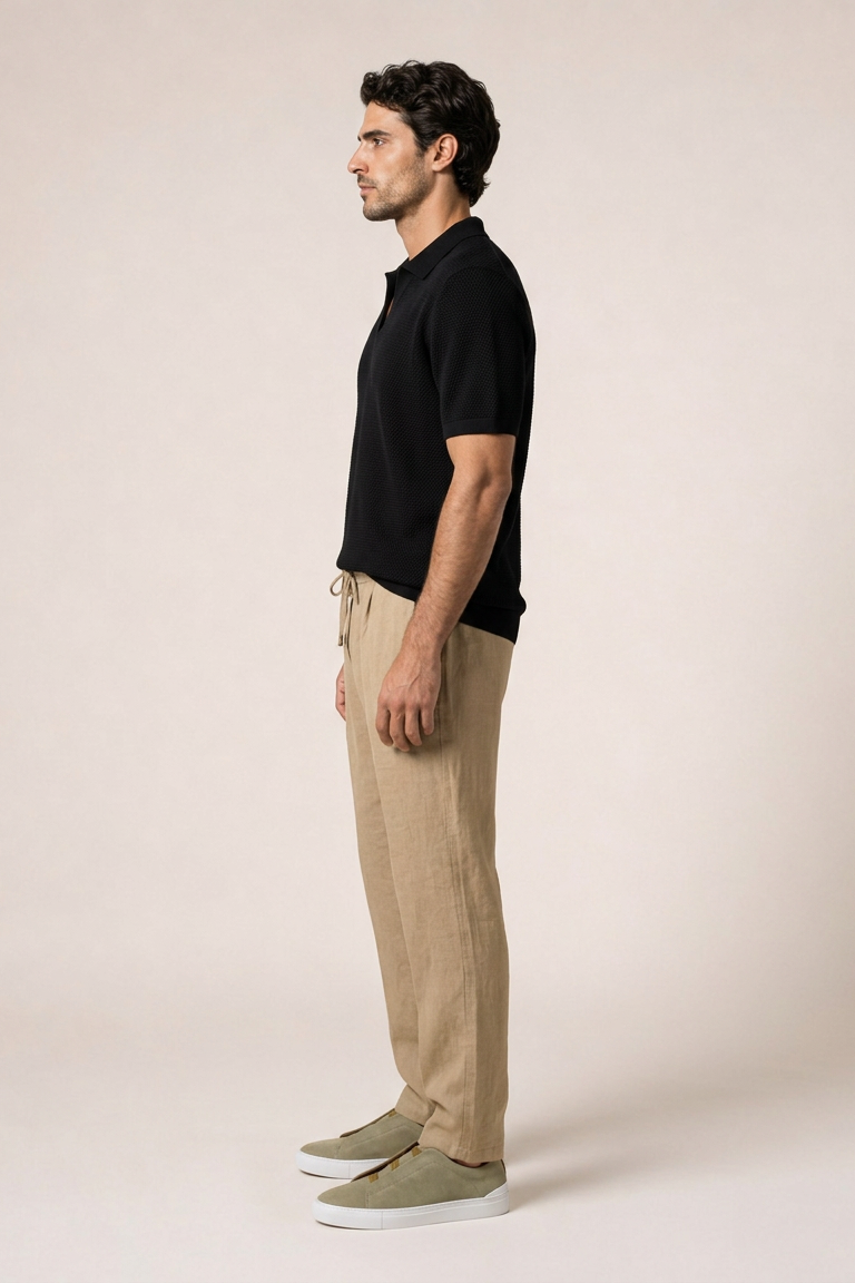 Roma Cotton Knit Polo side view white textured cotton polo shirt