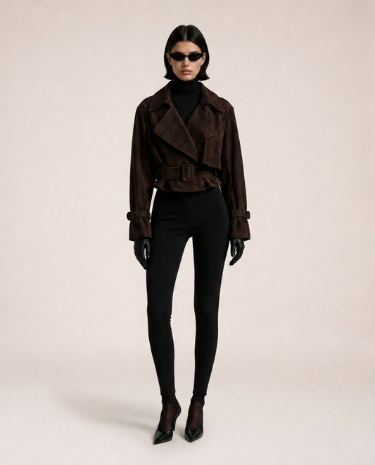 Chioma Suede Jacket in brown with oversized lapels and belted waist