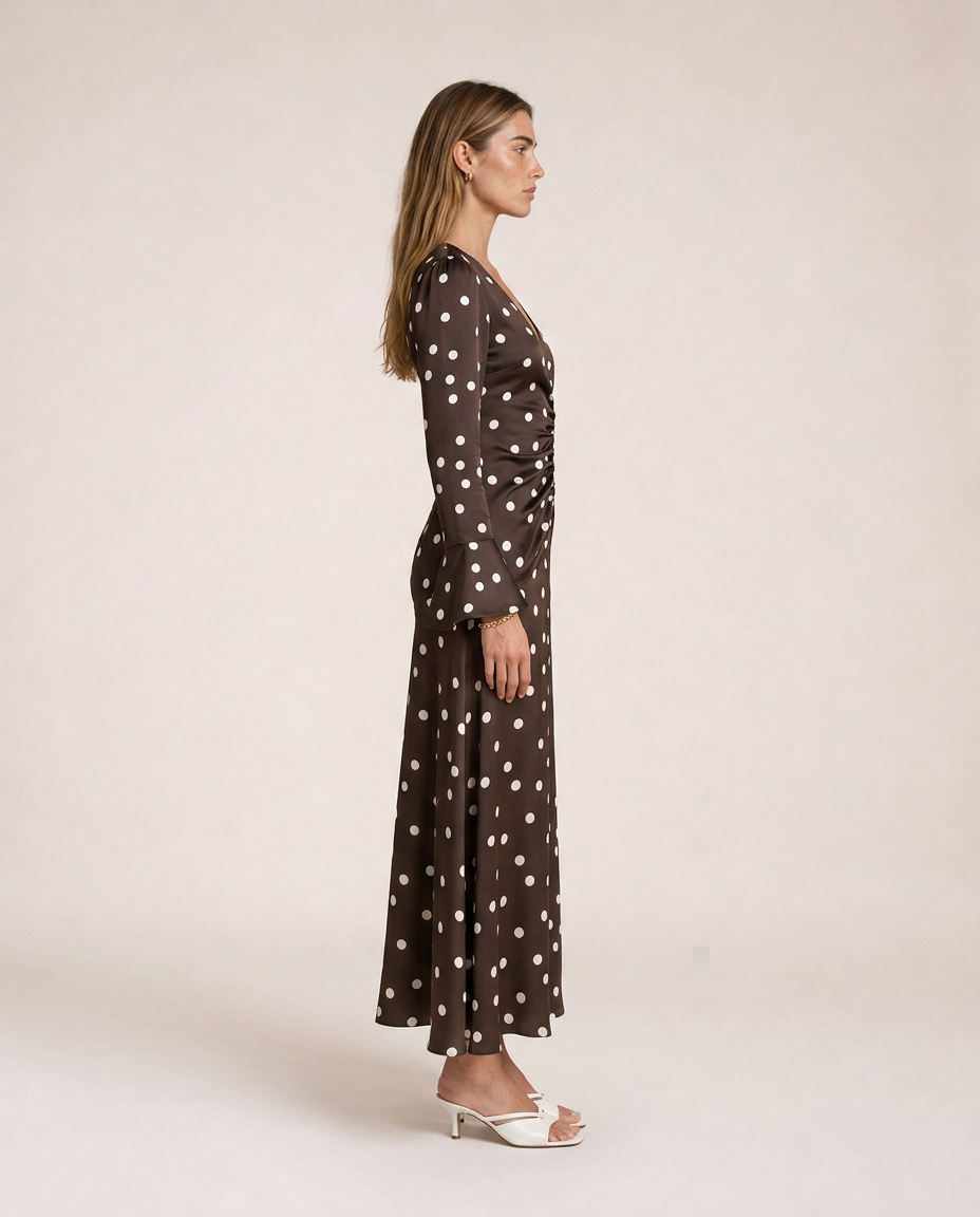Livia vestido midi de lunares chocolate y crema visto de perfil