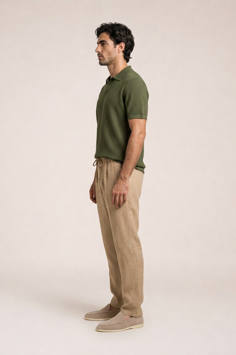Matteo Cotton Knit Polo side profile olive green textured knit polo shirt