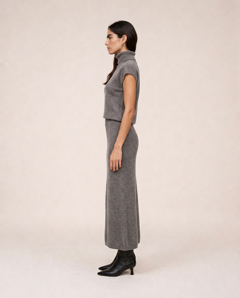 Milan Knit Set in grey with high neck knit top and midi skirt, side view