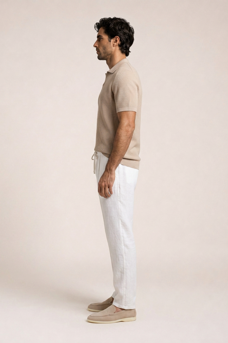 Riviera Cotton Knit Polo side view beige jacquard knit polo shirt