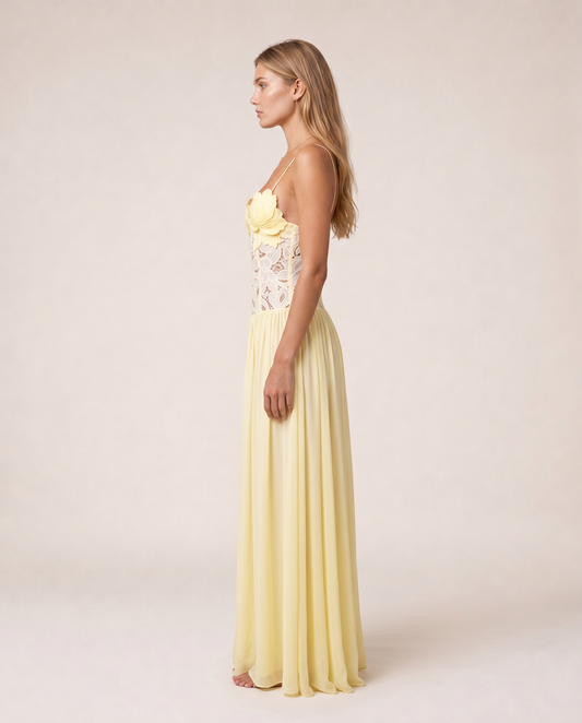 Roséa Maxi Dress side view pale yellow flowing maxi dress