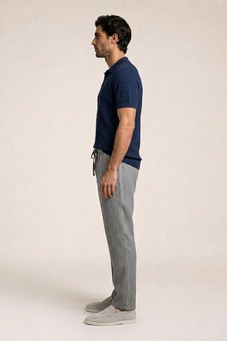Sorrento Cotton Knit Polo side view navy blue jacquard knit polo shirt