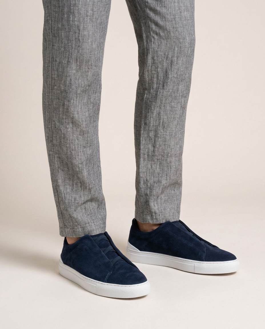 Vittorio navy suede slip-on sneakers worn with tailored linen trousers relaxed italian summer resort look side detail