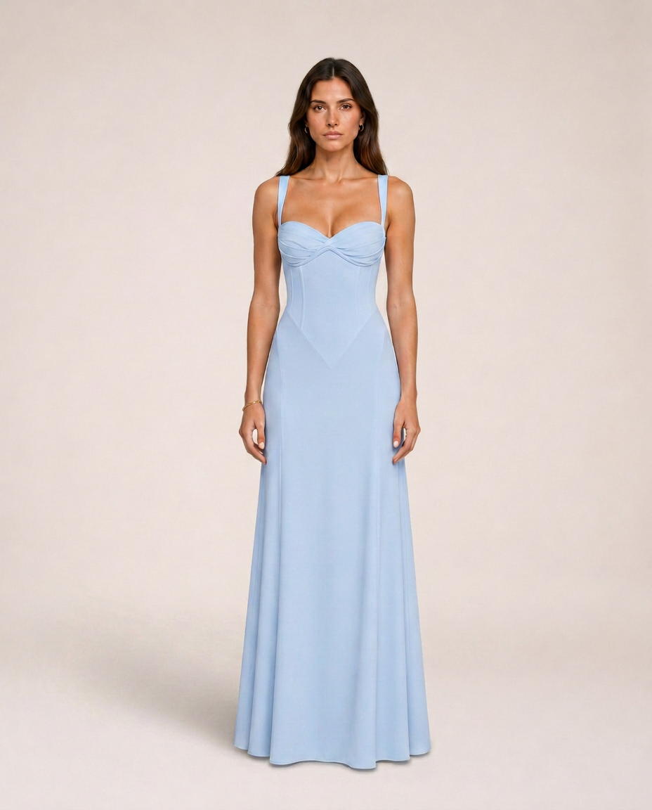 Aqua di Amalfi Maxi Dress soft baby blue floor-length gown with sculpted sweetheart bodice, elegant fitted waist and fluid skirt, timeless Mediterranean glamour