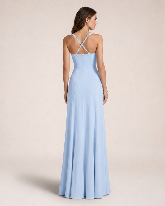 Aqua di Amalfi back view featuring delicate crossed straps, open back detail and graceful flowing silhouette in Soft Baby Blue