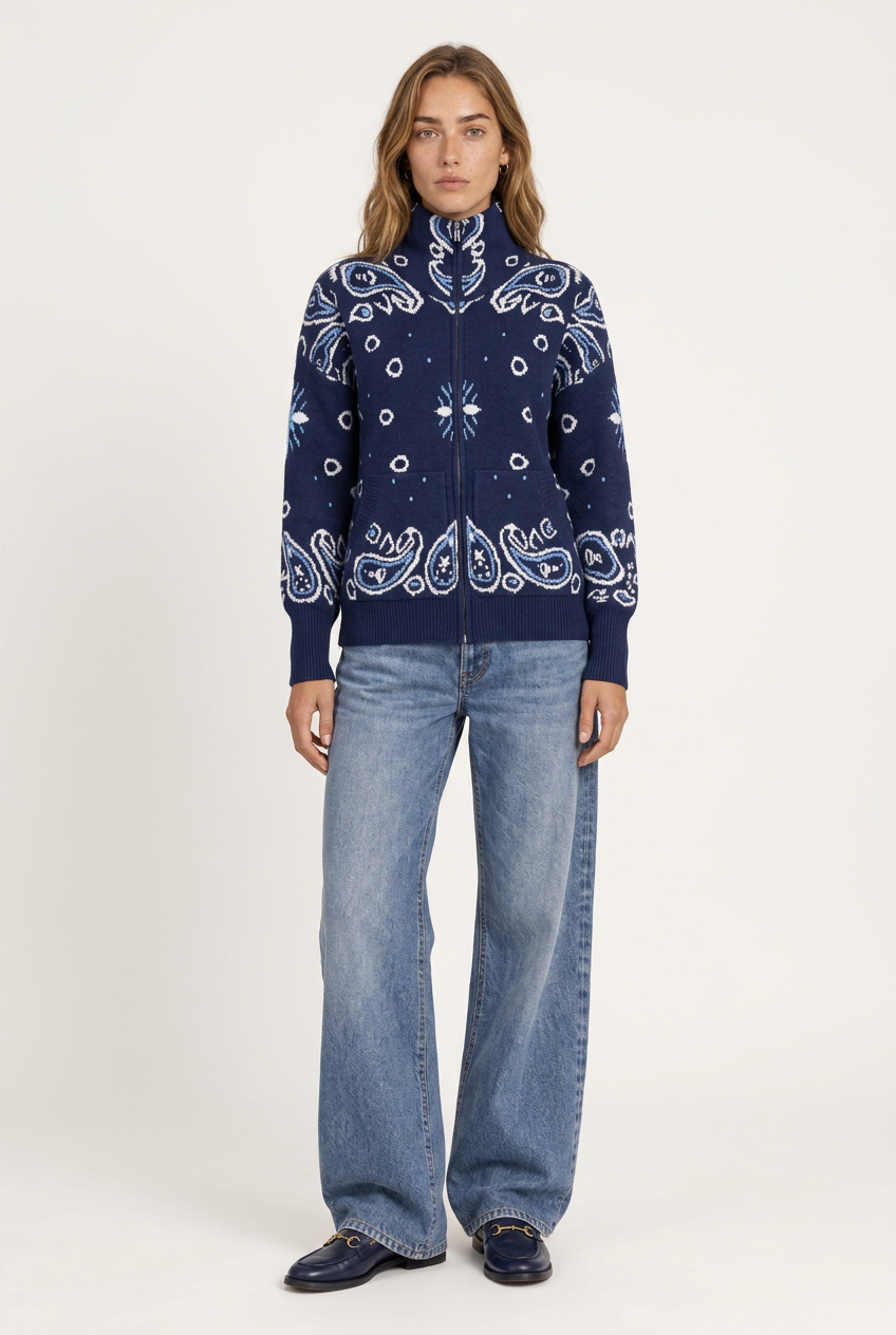 Arezzo Cardigan navy para mujer, vista tres cuartos con cremallera frontal y bolsillos