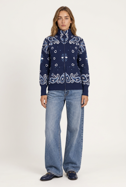 Arezzo Cardigan navy para mujer, vista tres cuartos con cremallera frontal y bolsillos