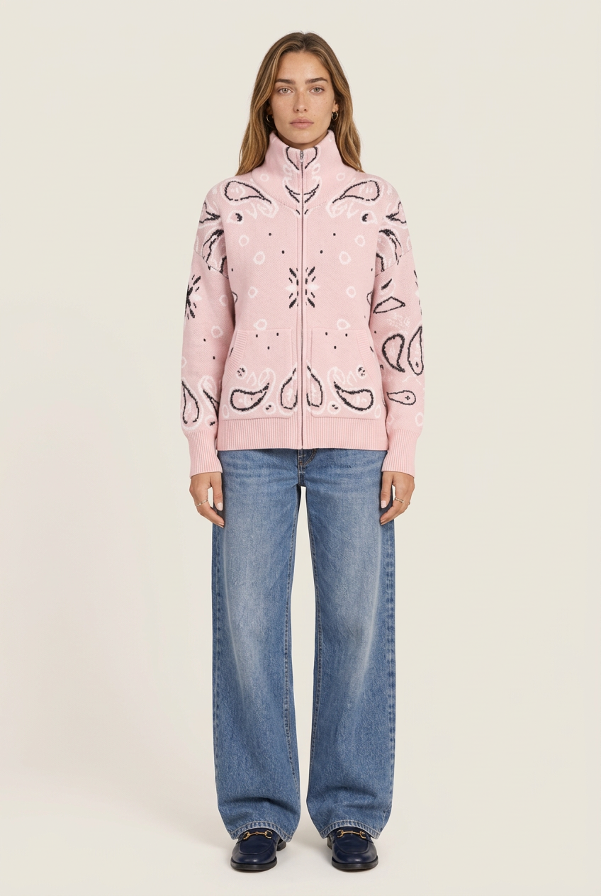 Arezzo Cardigan rosa para mujer, vista tres cuartos con cremallera frontal y bolsillos