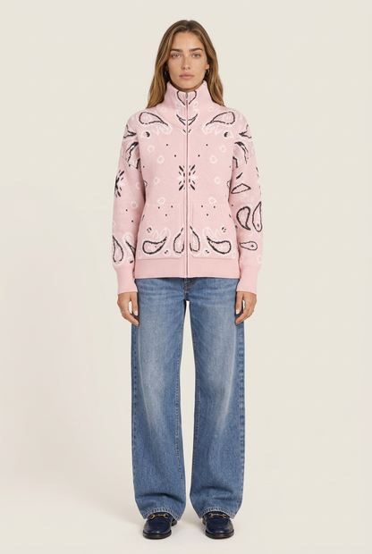Arezzo Cardigan rosa para mujer, vista tres cuartos con cremallera frontal y bolsillos
