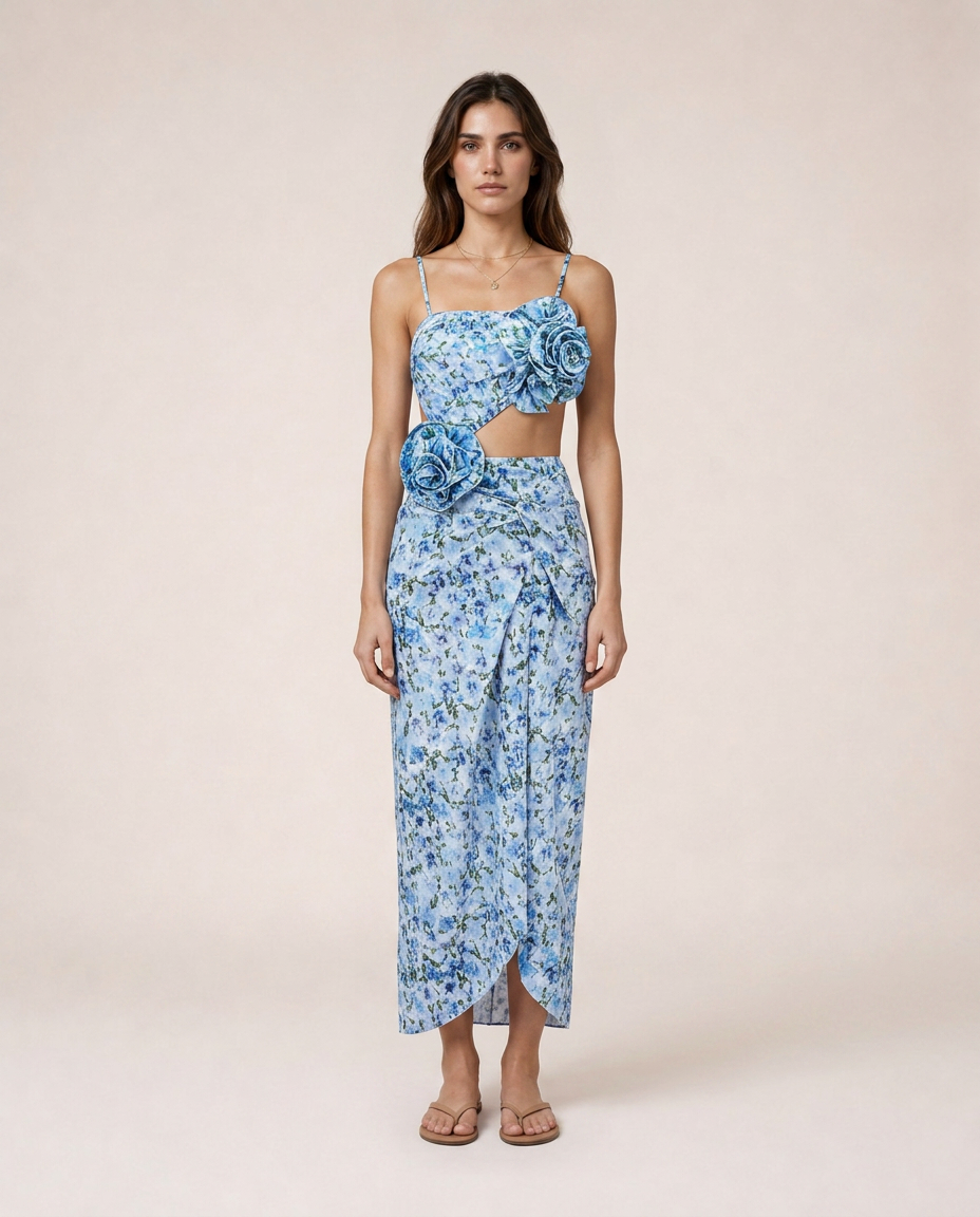 Aurea floral one piece set front view luxury mediterranean resortwear with draped skirt