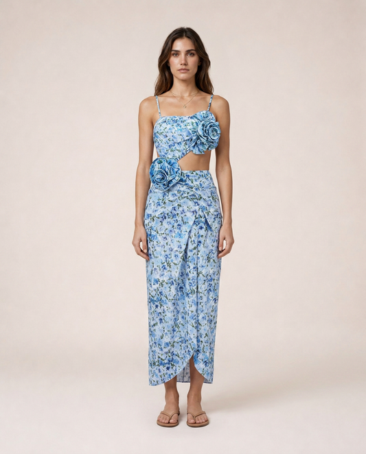 Aurea floral one piece set front view luxury mediterranean resortwear with draped skirt