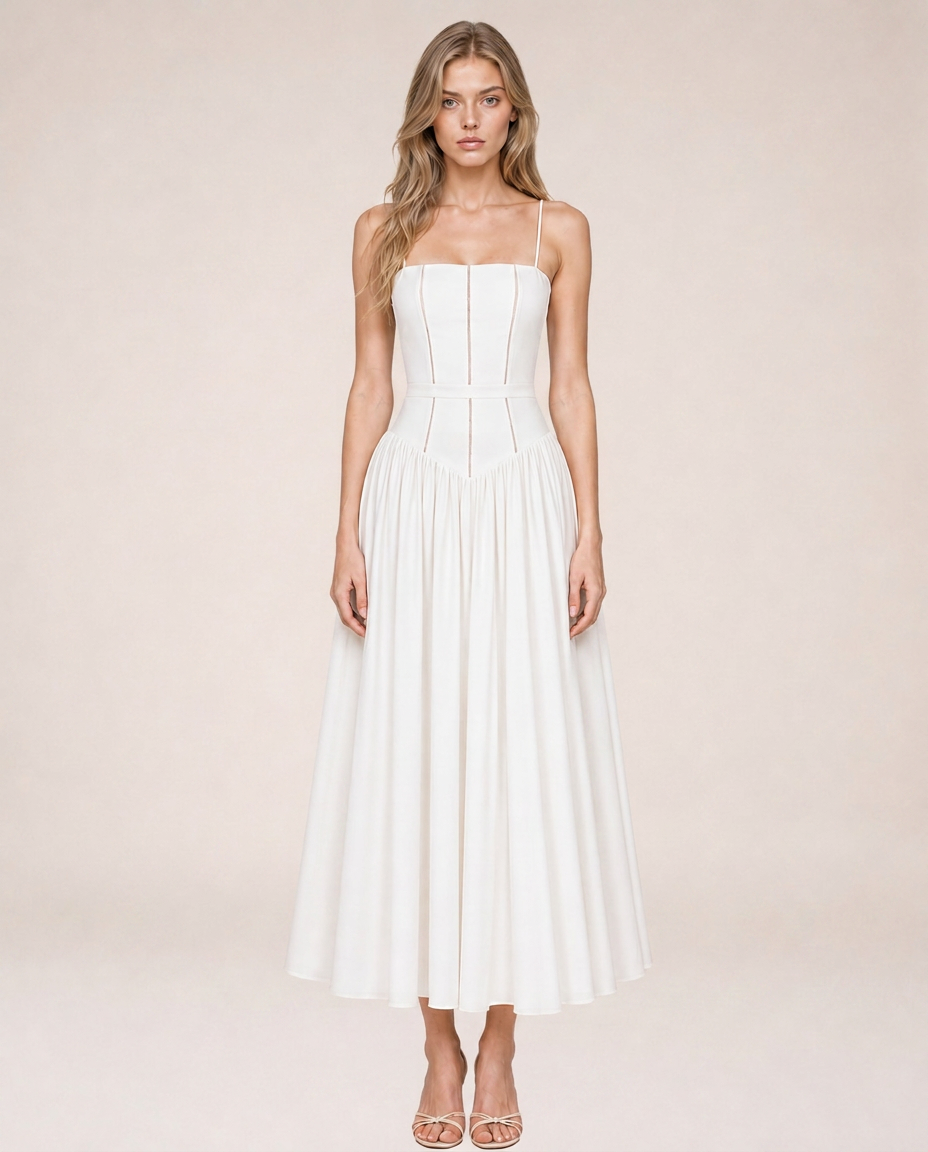 Azalea Blanc Midi Dress front view white structured midi dress with delicate straps