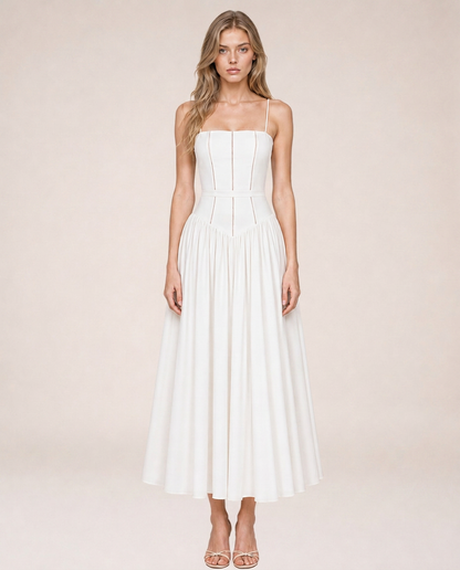 Azalea Blanc Midi Dress front view white structured midi dress with delicate straps