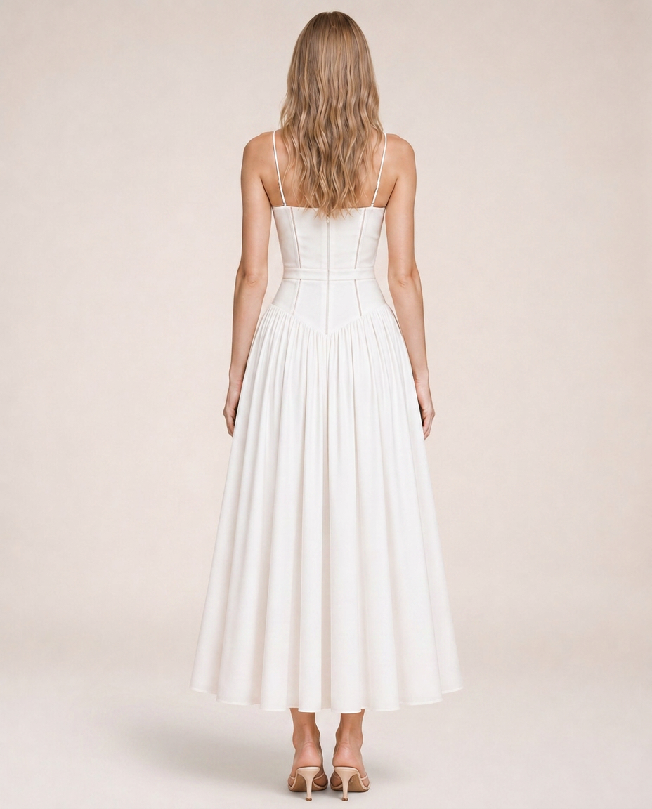 Azalea Blanc Midi Dress rear view showing fitted bodice and flowing skirt