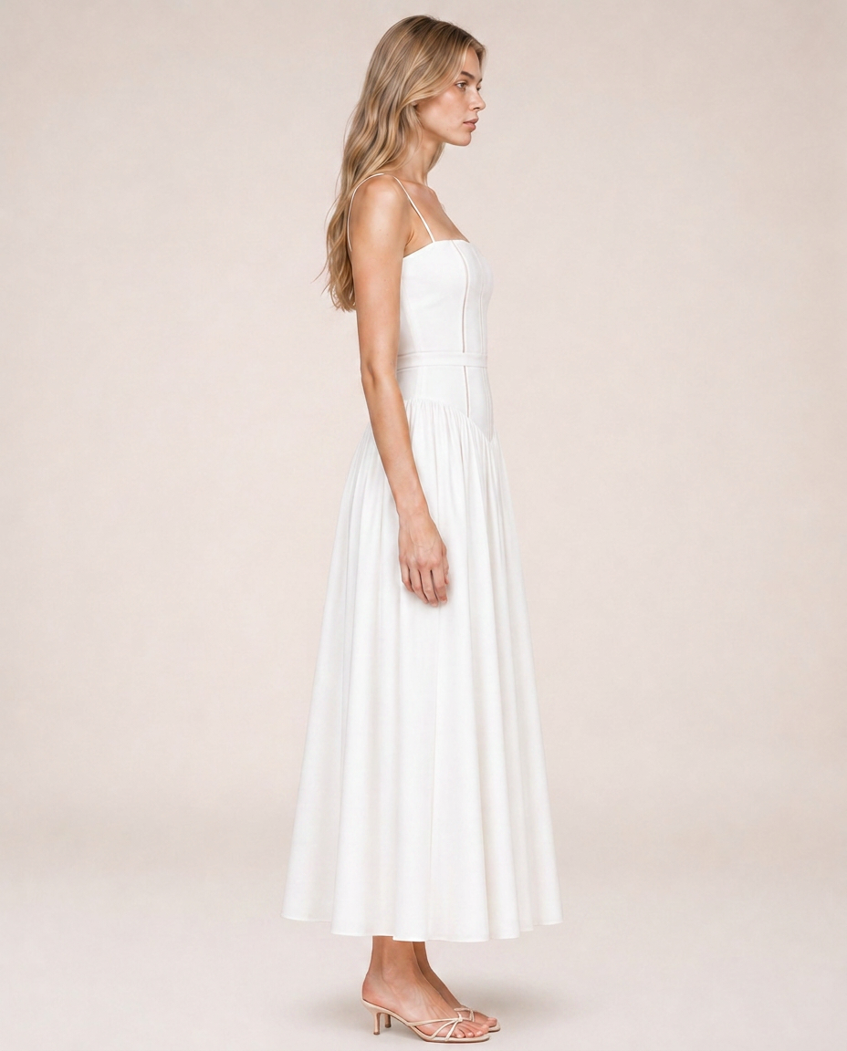 Azalea Blanc Midi Dress side view flowing white midi dress silhouette