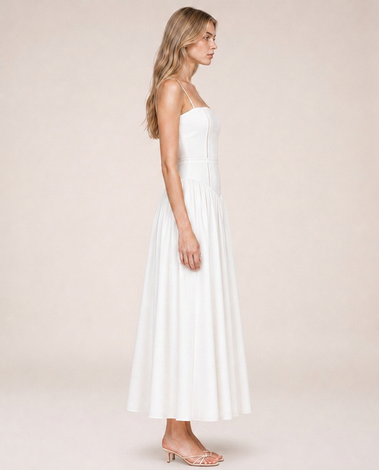 Azalea Blanc Midi Dress side view flowing white midi dress silhouette