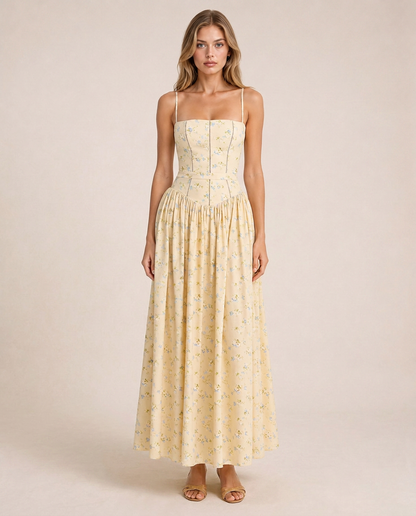 Azalea Midi Dress front view yellow floral midi dress with fitted bodice