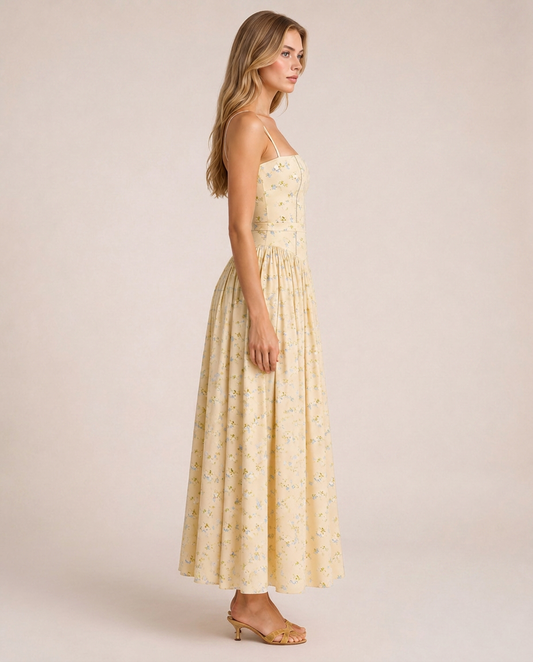 Azalea Midi Dress side view yellow floral flowing midi dress