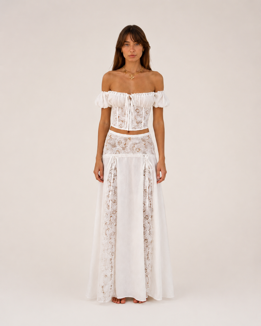 Azzura Blanc Set front view white lace two-piece resortwear set