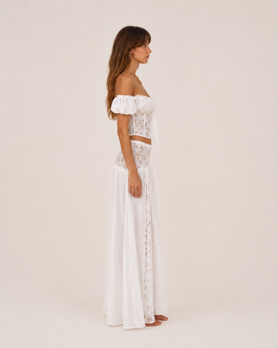 Azzura Blanc Set side view off-shoulder white lace skirt set