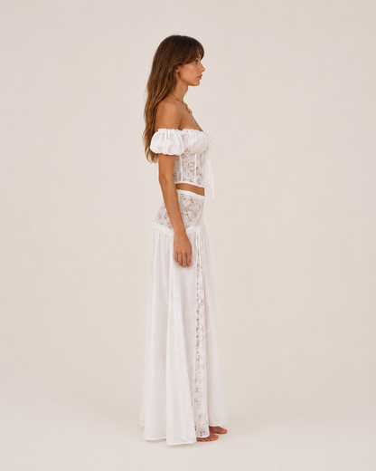 Azzura Blanc Set side view off-shoulder white lace skirt set