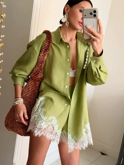 Customer wearing Bellagio Set olive green lounge set indoors