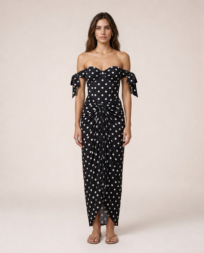 Bellaria One Piece Set front view black polka dot one-piece swimsuit with pareo skirt