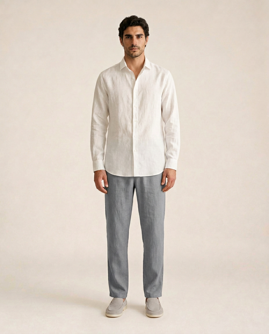 Belluno Camisa de lino blanca manga larga relaxed fit front view