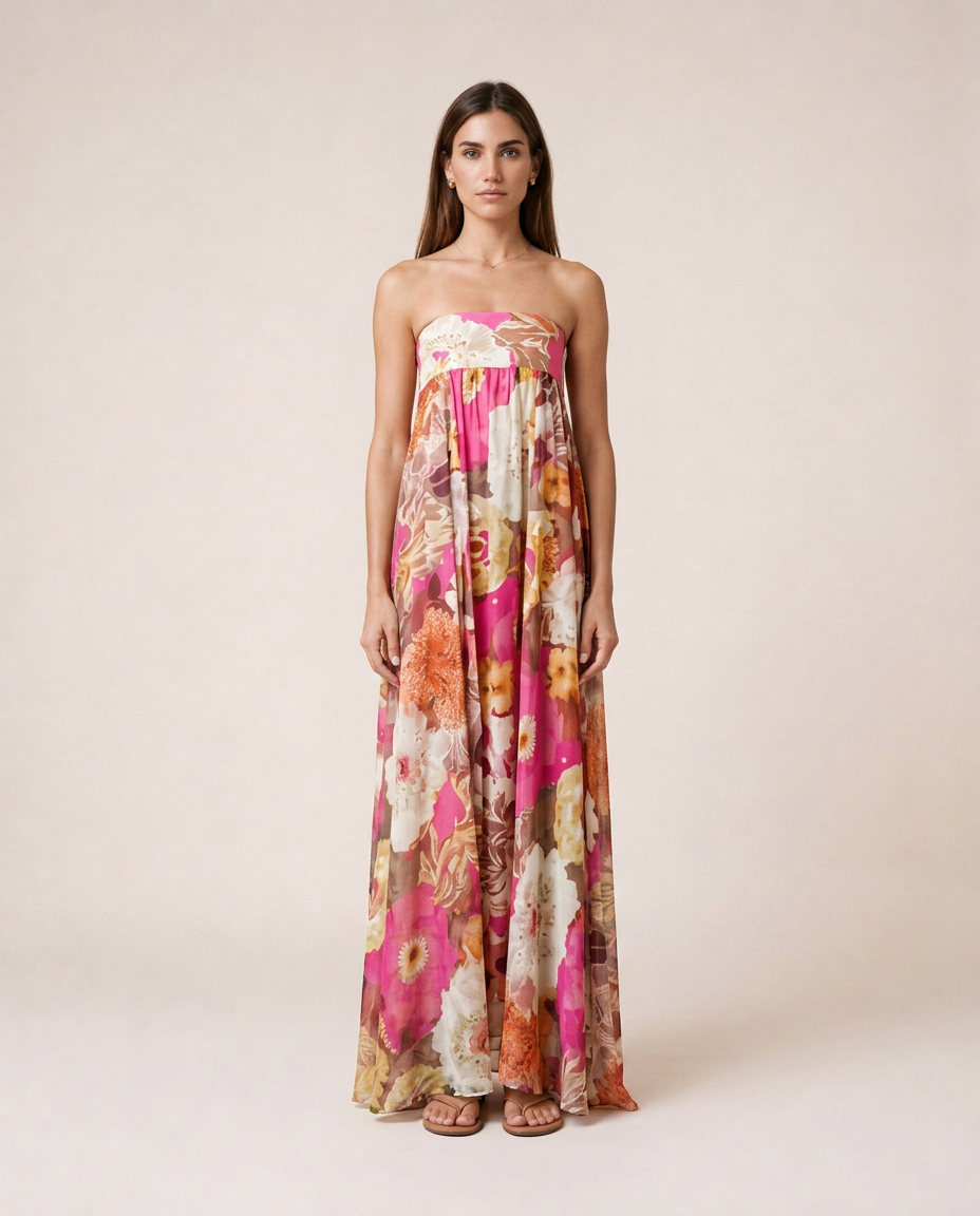 Bougainvillea Maxi Dress featuring a vibrant floral print in pink and coral tones, strapless neckline and flowing full-length silhouette