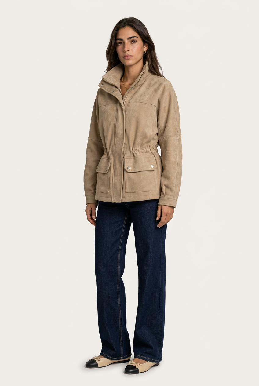 Brescia Chaqueta Suede Beige abierto con cuello alto, cremallera frontal y bolsillos de parche