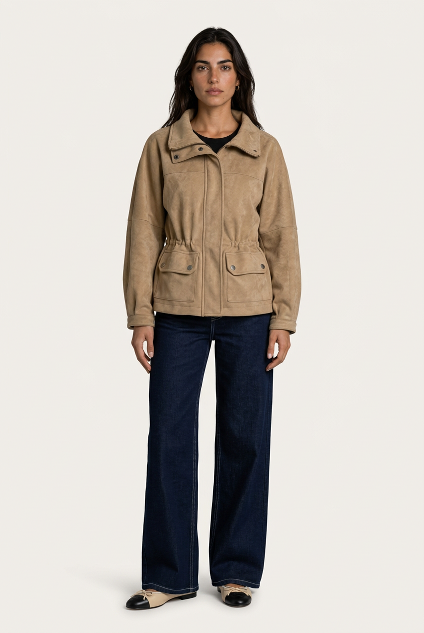 Brescia Chaqueta Suede Beige en vista tres cuartos con acabado efecto ante y cuello alto