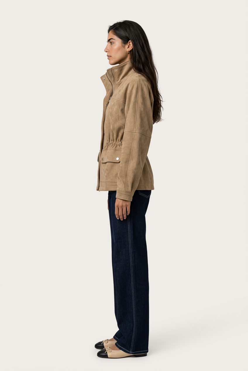 Brescia Chaqueta Suede Beige para mujer vista de perfil con cintura ajustada y cuello alto