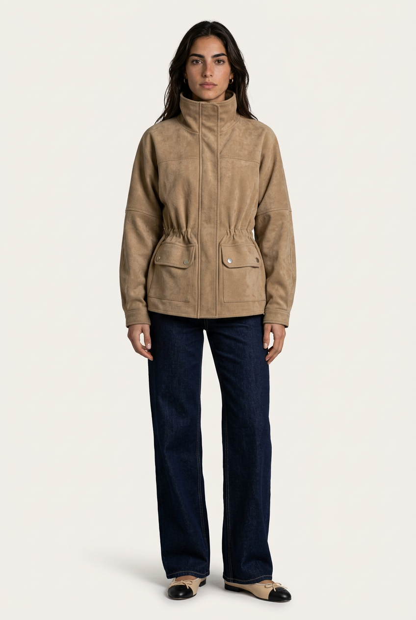 Brescia Chaqueta Suede Beige para mujer, vista frontal con cintura definida y bolsillos con solapa