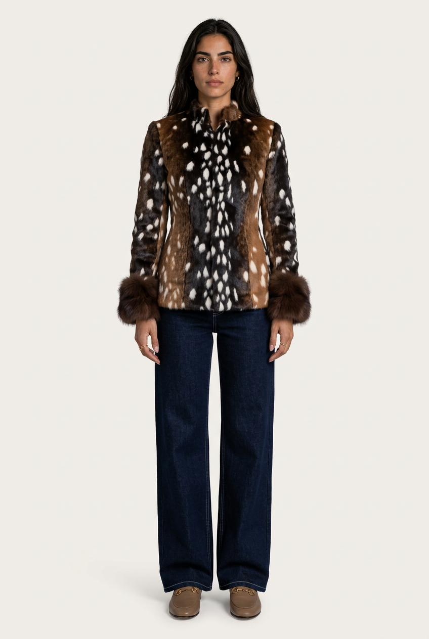 Brunico Chaqueta Ciervo para mujer, vista frontal con acabado de pelo, estampado marrón y blanco y puños voluminosos