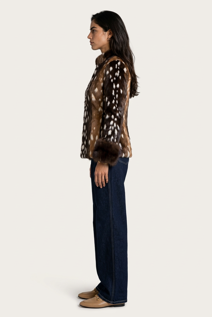 Brunico Chaqueta Ciervo para mujer, vista lateral con estampado de ciervo en tonos marrones y manchas blancas