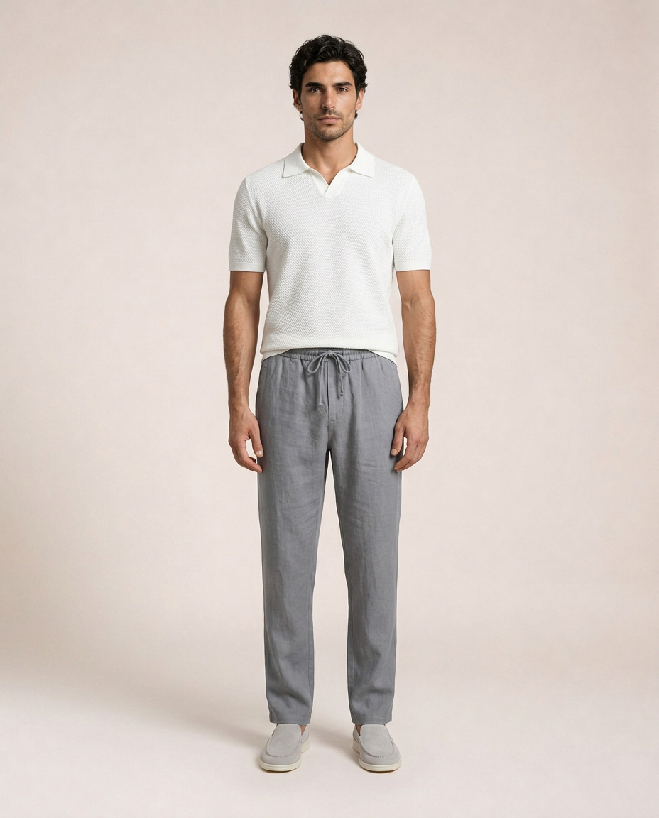 Capri Cotton Knit Polo front view white textured cotton polo shirt
