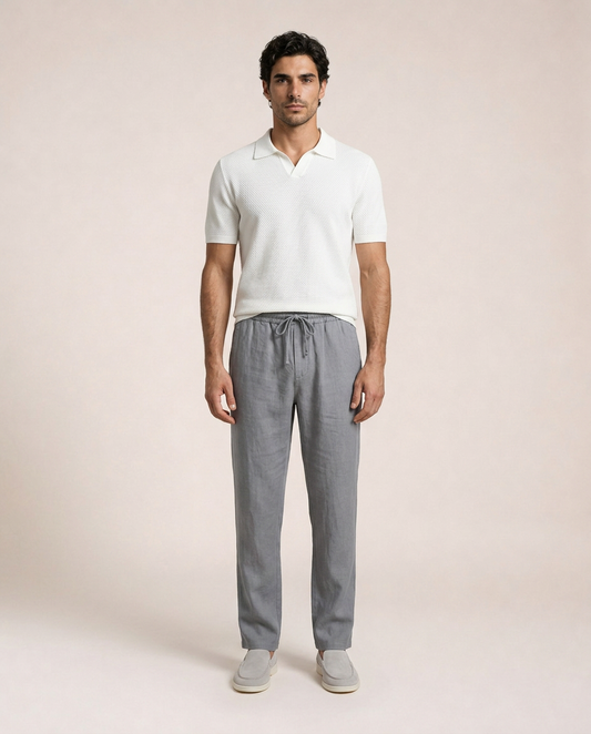 Capri Cotton Knit Polo front view white textured cotton polo shirt