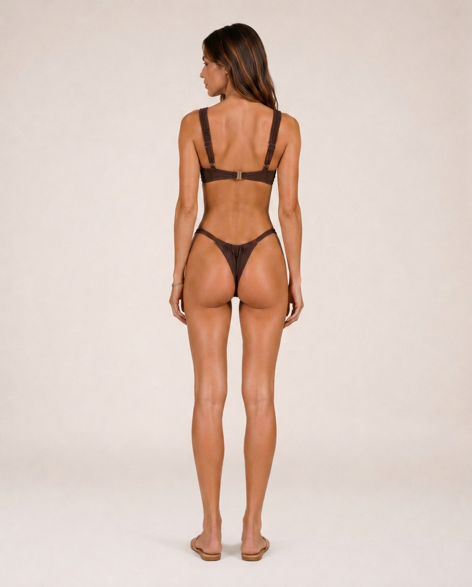Cioccolato Bikini back view featuring adjustable straps, metallic clasp closure and high-cut silhouette in rich chocolate brown tone