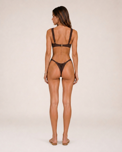Cioccolato Bikini back view featuring adjustable straps, metallic clasp closure and high-cut silhouette in rich chocolate brown tone