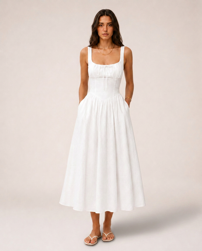 Costa Midi Dress front view white linen dress with square neckline
