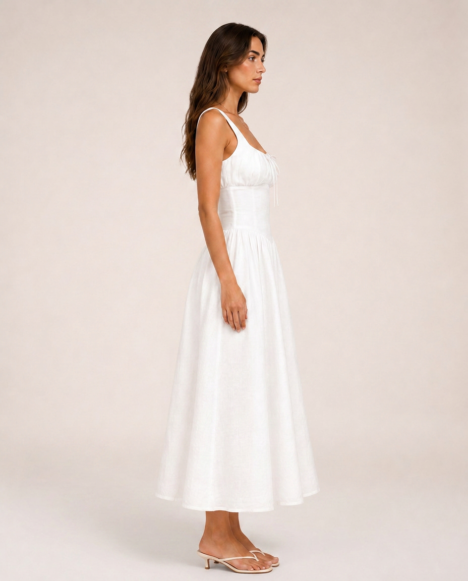 Costa Midi Dress side view flowing white linen midi dress
