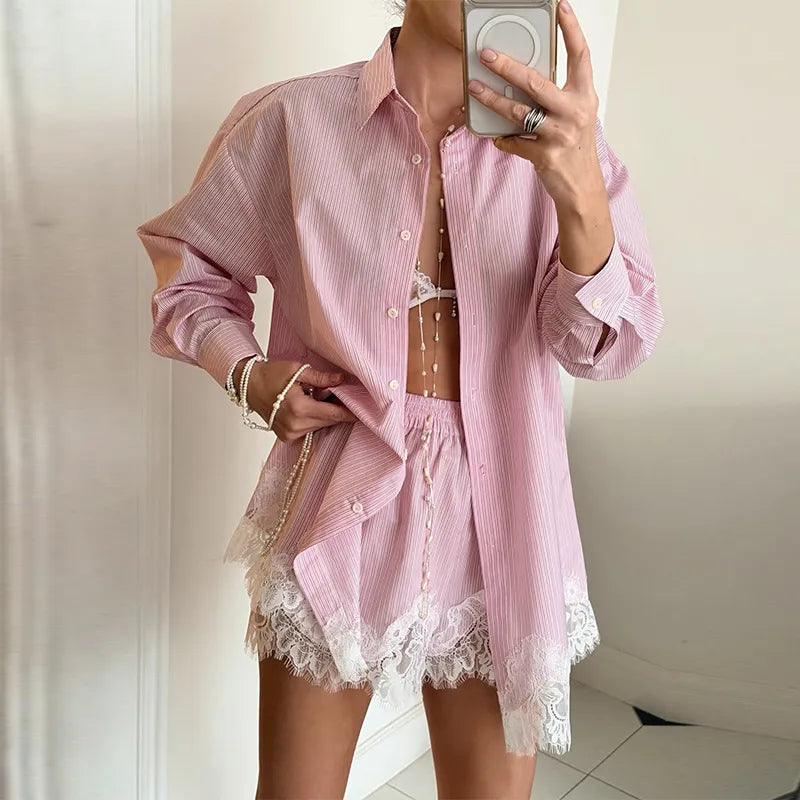 Customer wearing Bellagio Set pink striped lounge set indoors