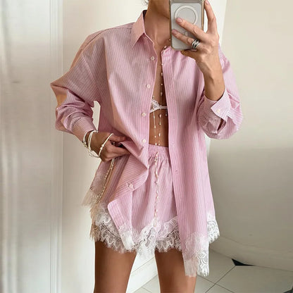 Customer wearing Bellagio Set pink striped lounge set indoors